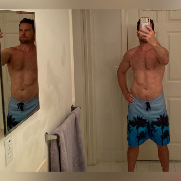 Board Shorts Men’s Swim Trunks Blue Tropical Palm Trees - size Large 36” waist L - Picture 2 of 9